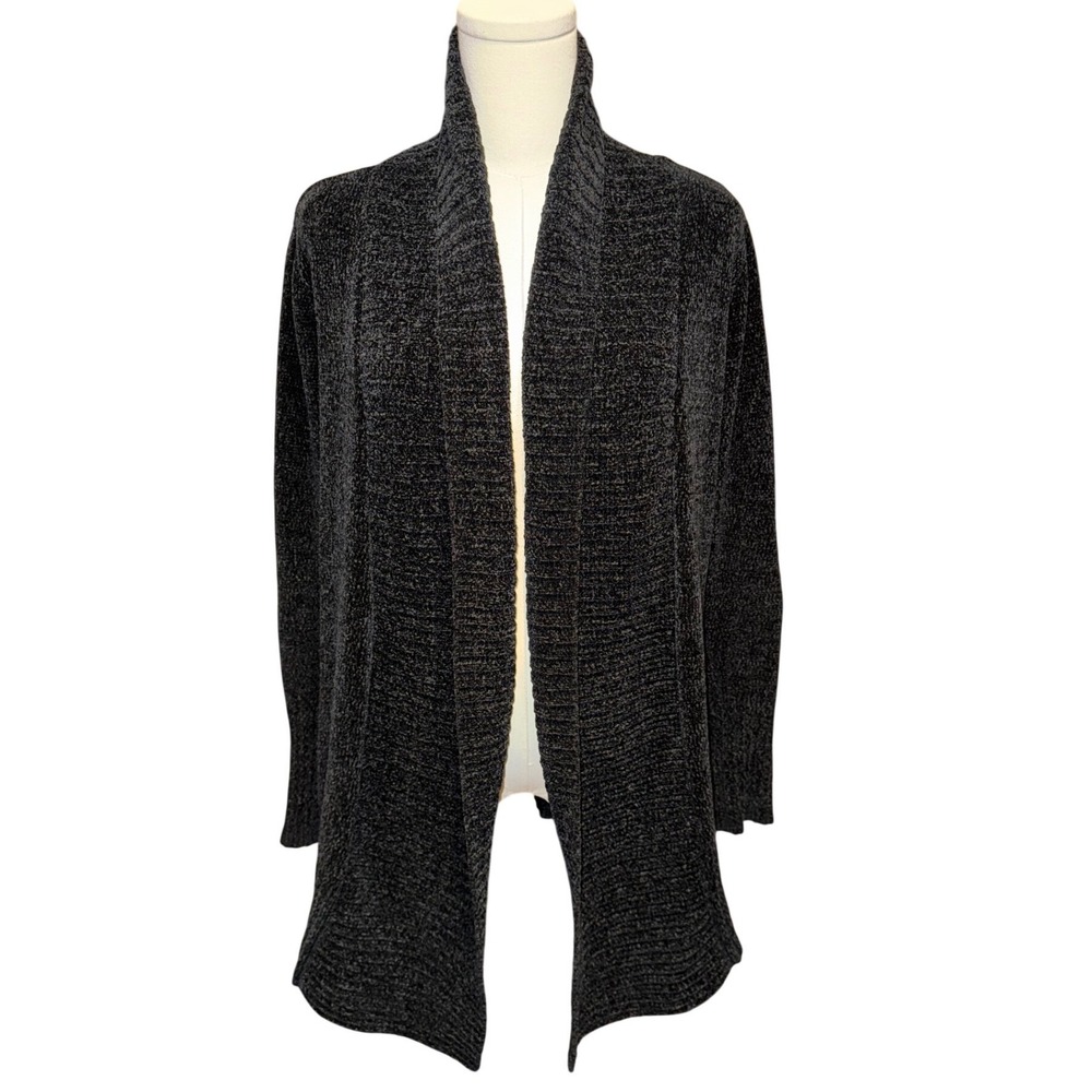 Seven7 Womens Chenille‎ Cardigan Sweater  Black Open Front Shawl Collar Medium